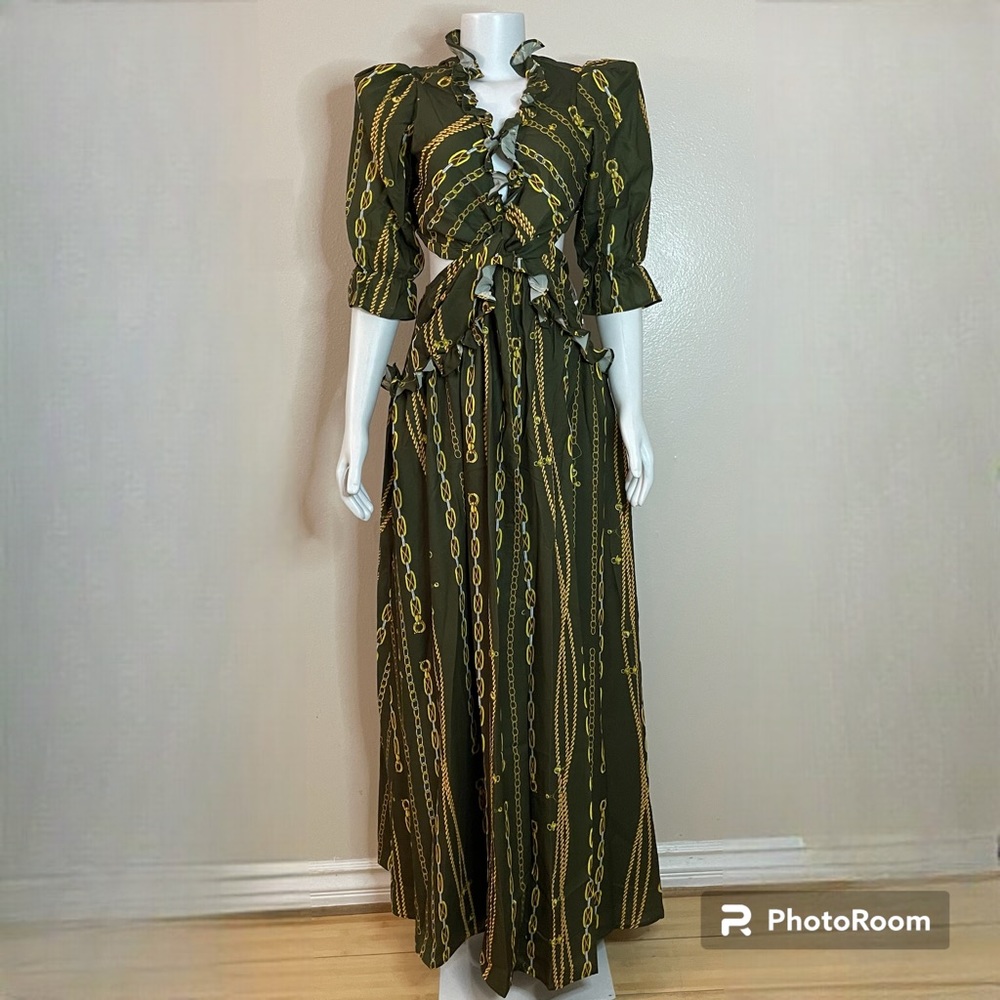 Green and yellow chain printed V-neck ruffle trims cutout backless maxi dress